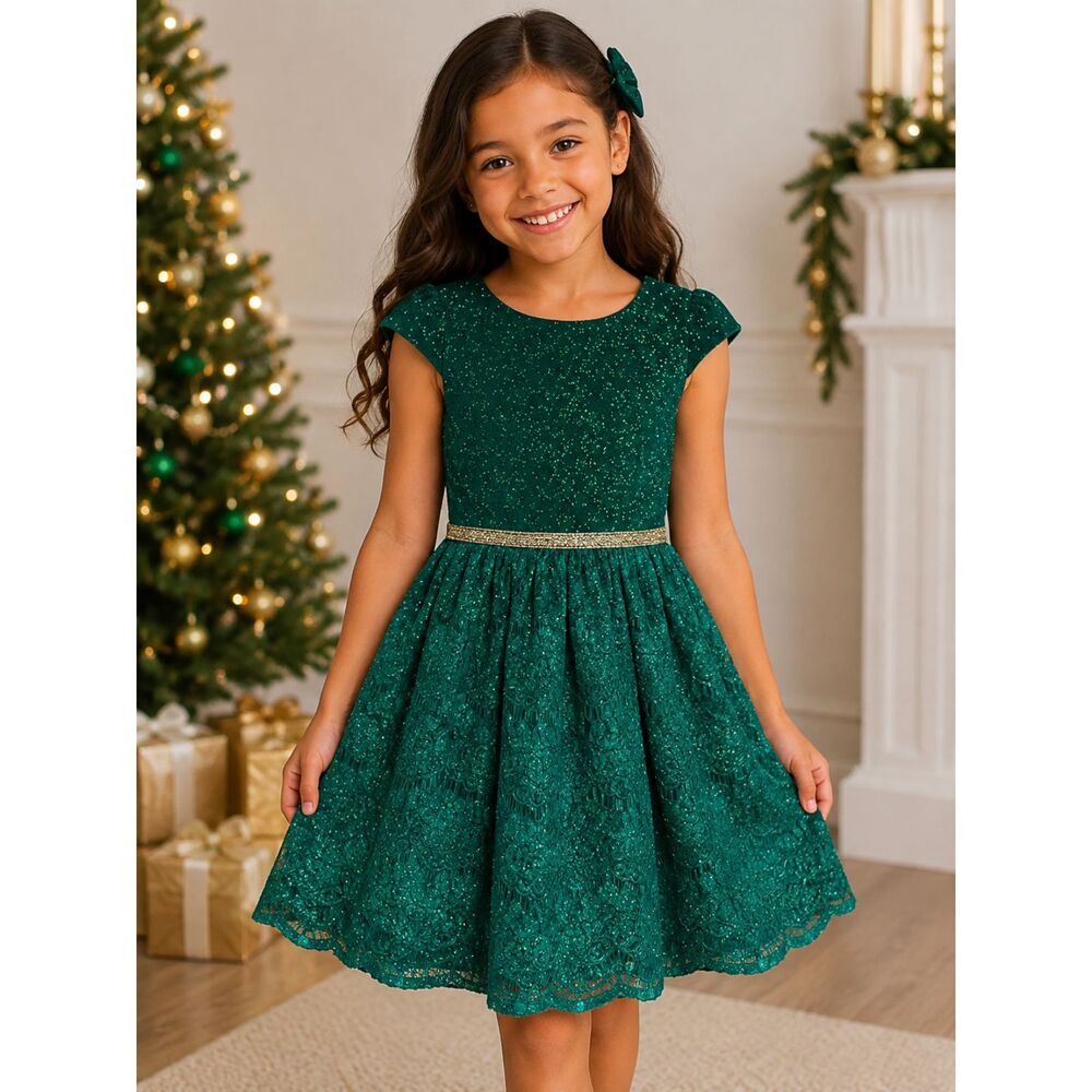 Dollie & Me Size 10 Girls Emerald Green Holiday Dress Sparkle Lace Party Dress